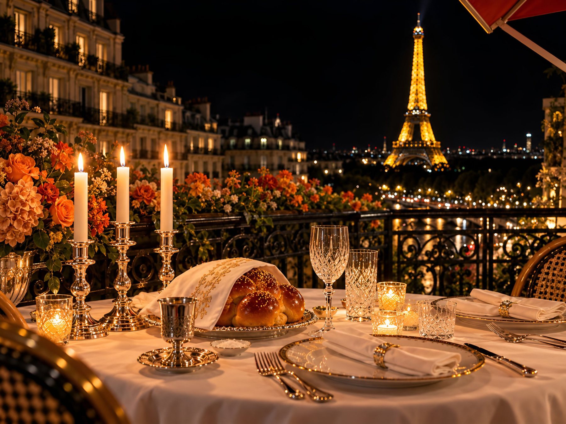 Table de Chabbat dressée sur un balcon parisien, face à la tour Eiffel